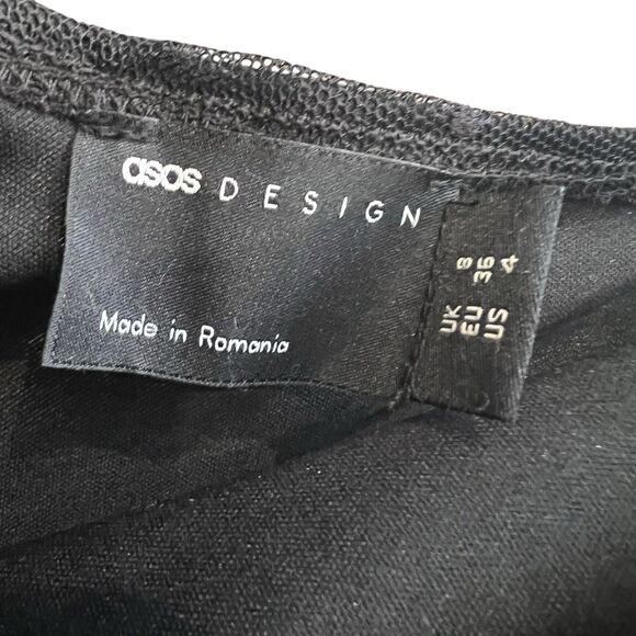 ASOS Design Size 4 Mini Dress Black Polka Dot Ruched Puff Sleeve Mesh V-Neck - Picture 6 of 8